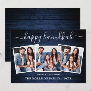 Calligraphy 3 Photo Blue Wood Happy Hanukkah Holiday Card
