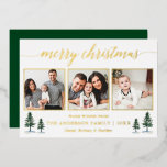 Calligraphy 3 Photo Christmas Green Pines Gold Foil Holiday Card<br><div class="desc">Modern Calligraphy Gold Foil Script 3 Photo Family Photo Collage Merry Christmas Card includes Watercolor Pine Trees - Your Photos in Gold Foil Frames with a Forest Green Back</div>