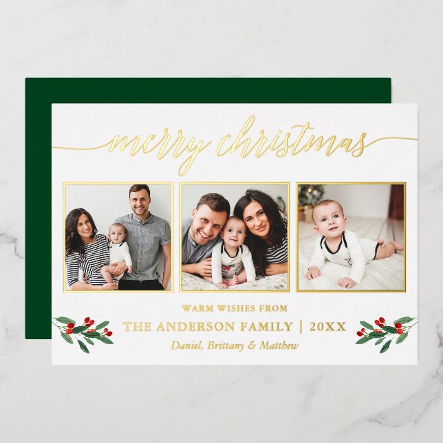 Calligraphy 3 Photo Christmas Holly Green Gold Foil Holiday Card (Front/Back)