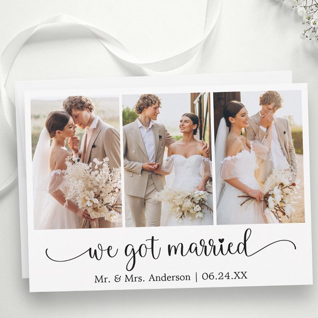 Calligraphy 3 Photo Heart We Got Married Announcement (Customize to change your personalized text size, text style or to add text to back of card.)
