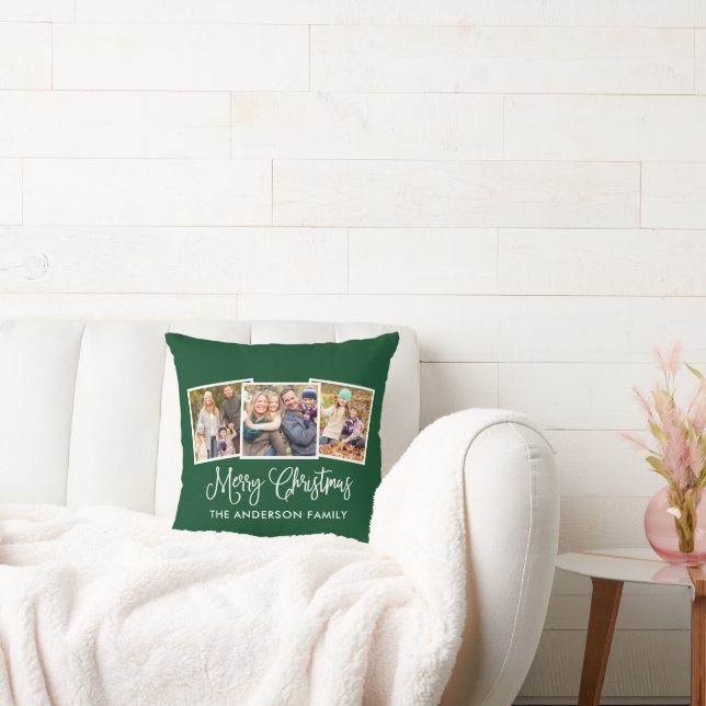 Calligraphy 3 Photo Merry Christmas Green Throw Pillow (Couch)