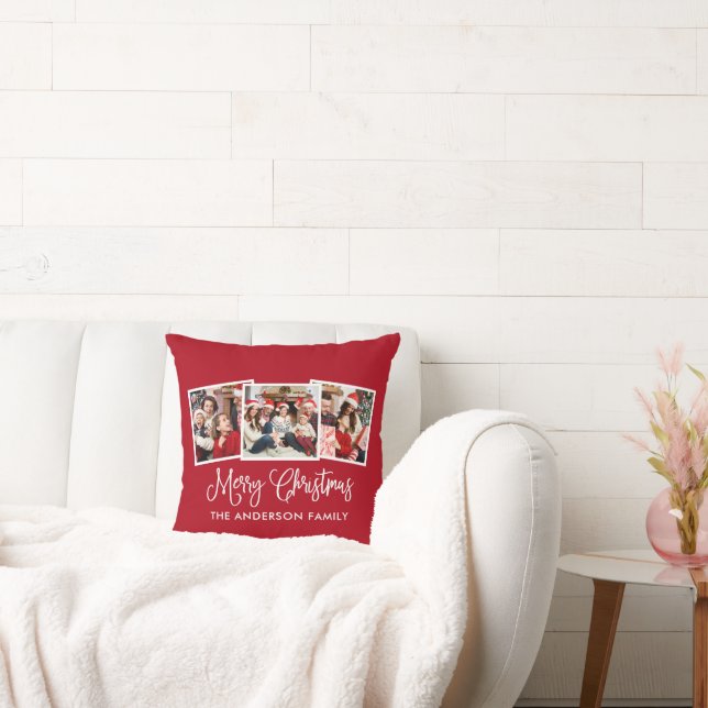 Calligraphy 3 Photo Merry Christmas Red Throw Pillow (Couch)