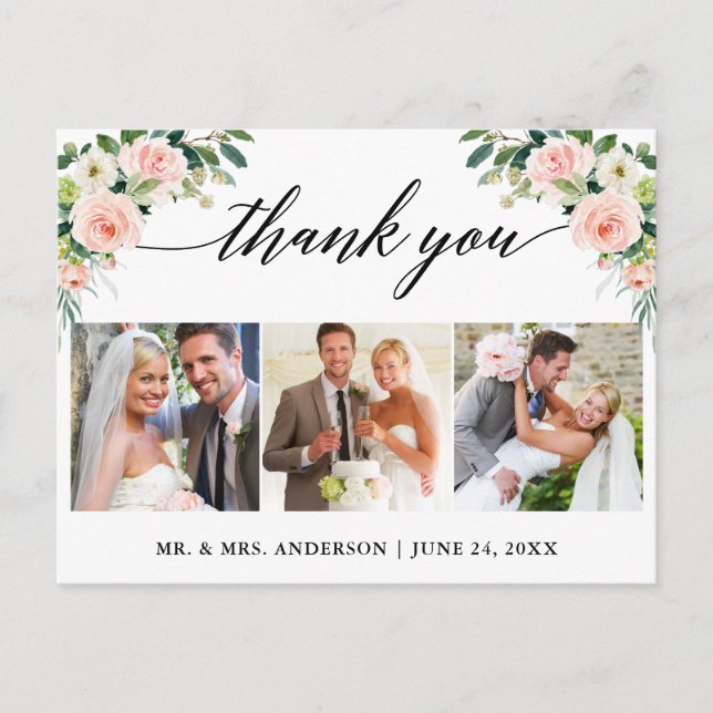 Calligraphy 3 Photo Pink Floral Wedding Thank You Postcard (Front)