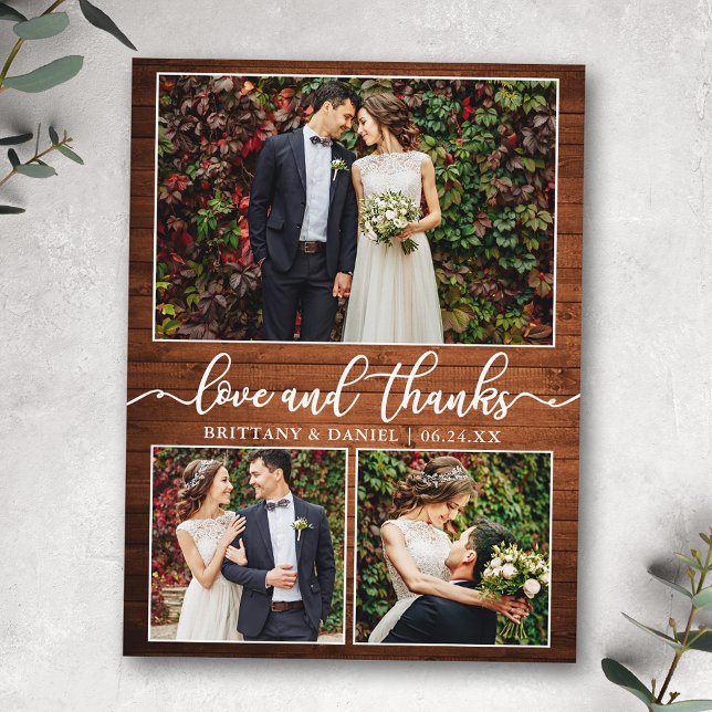 Calligraphy 3 Photo Wood Wedding Thank You Postcard (Customize to change your personalized text size or text style.)
