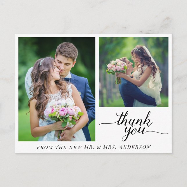 Calligraphy 3 Photos Wedding Thank You Postcard (Front)