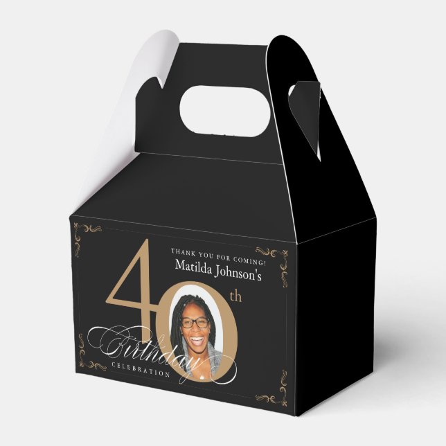 Calligraphy 40th Birthday Black Gold Elegant Photo Favor Box (Front Side)