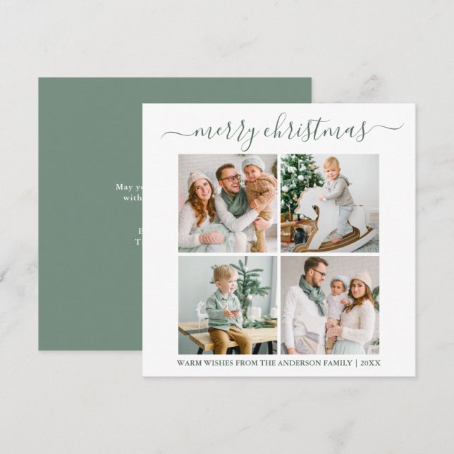 Calligraphy 4 Photo Christmas Sage Green Square Holiday Card (Front/Back)