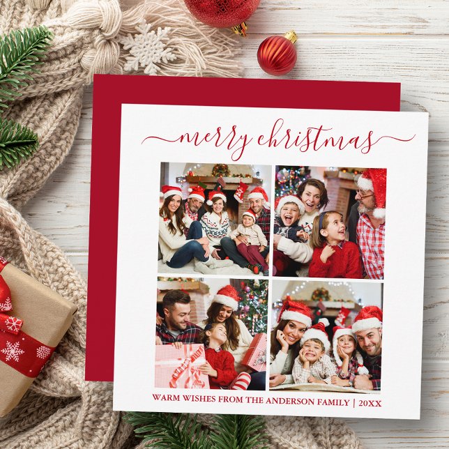 Calligraphy 4 Photo Christmas Square Red Holiday Card (Customize to change text size or text style.)
