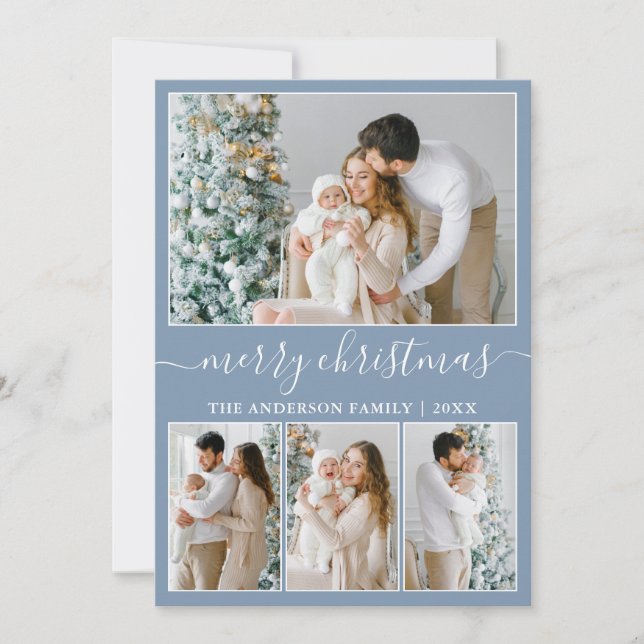 Calligraphy 4 Photo Merry Christmas Dusty Blue Holiday Card (Front)