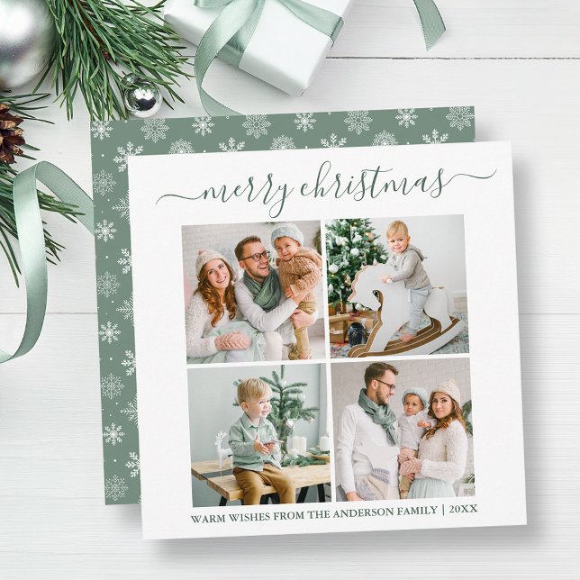 Calligraphy 4 Photo Snowflakes Sage Green Square Holiday Card (Customize to change text size or text style.)