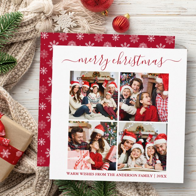 Calligraphy 4 Photo Snowflakes Square Red Holiday Card (Customize to change text size or text style.)