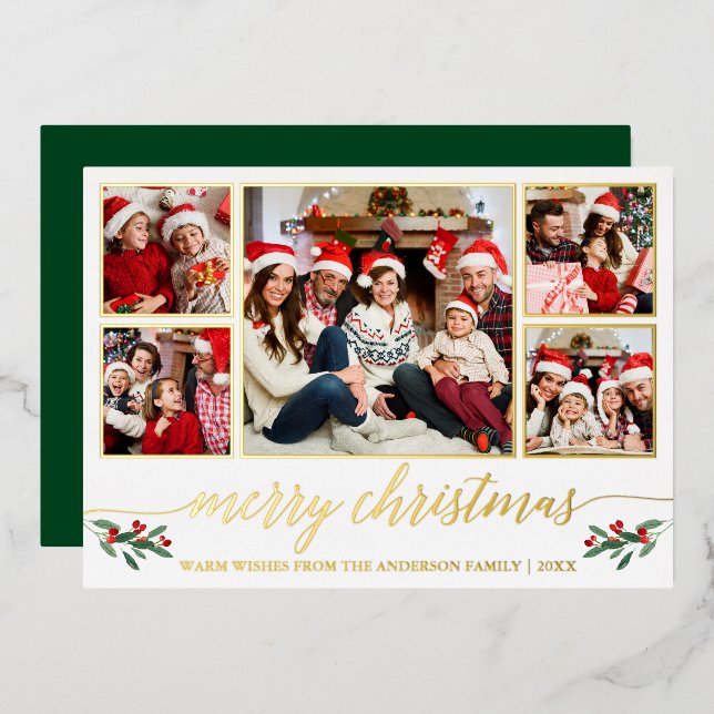 Calligraphy 5 Photo Family Christmas Green Gold Foil Holiday Card (Front/Back)