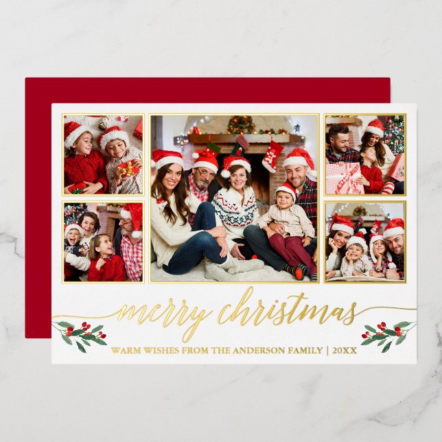 Calligraphy 5 Photo Family Christmas Red Gold Foil Holiday Card (Front/Back)