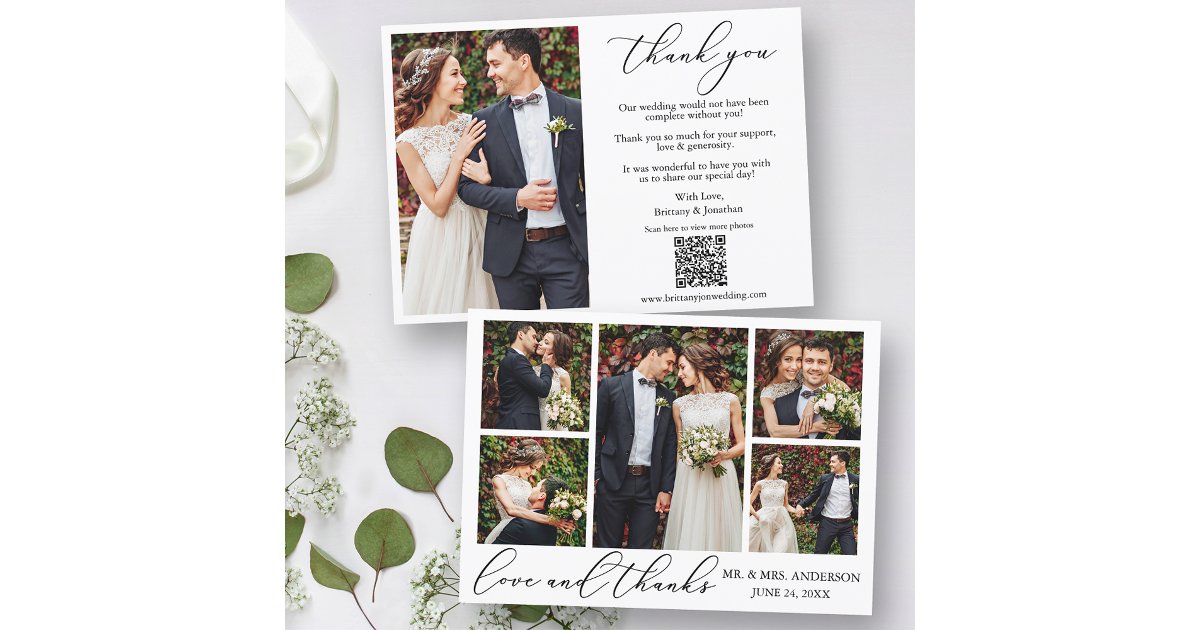 Calligraphy 6 Photos QR Code Love Thanks Wedding Thank You Card | Zazzle
