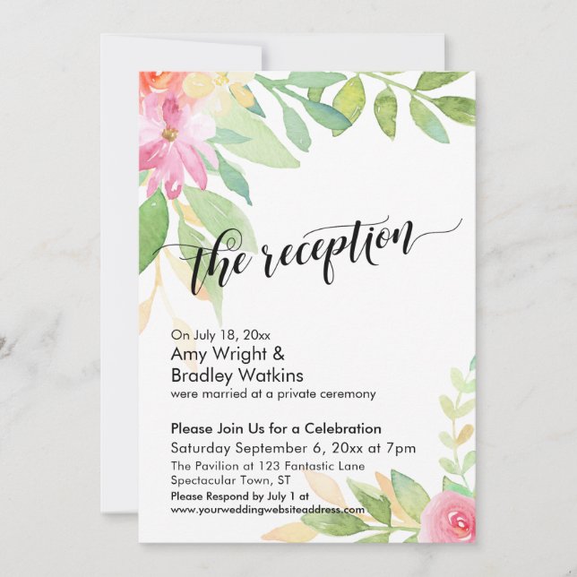 Calligraphy and Watercolor Flowers Reception Invitation (Front)