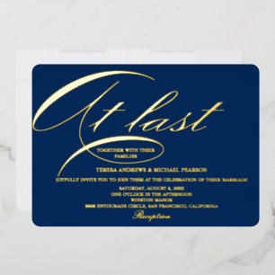 Calligraphy At last Script Royal Blue Gold Wedding Foil Holiday Card