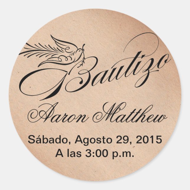 Calligraphy Bautizo Baptism and Dove Classic Round Sticker (Front)