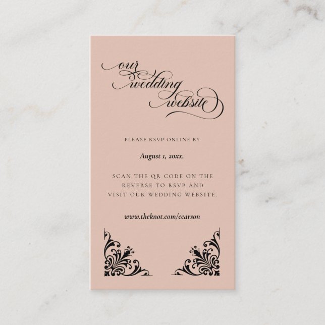 Calligraphy Beige & Black RSVP Wedding Website Enclosure Card (Front)