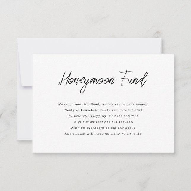 Calligraphy Black and White Honeymoon Fund card (Front)