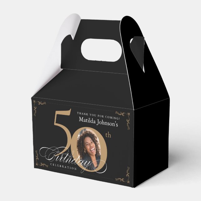 Calligraphy Black Gold Custom Photo 50th Birthday Favor Box (Front Side)