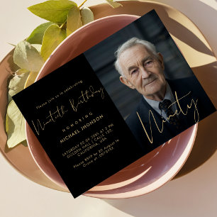 Calligraphy Black & Gold Ninetieth Photo Birthday Invitation