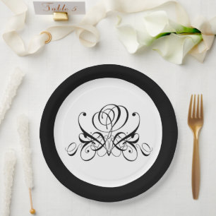 Calligraphy Black Rose Wedding Paper Plate