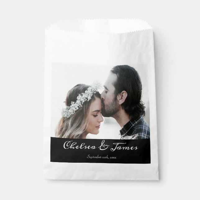 Calligraphy Black White Elegant Photo Wedding Favour Bag (Front)