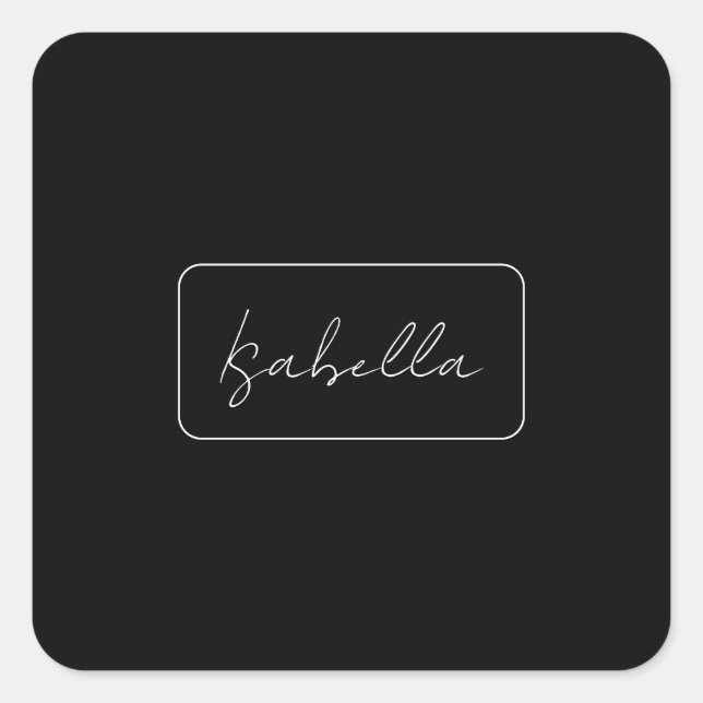 Calligraphy Black White Plain Creative Modern Name Square Sticker (Front)