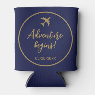 Calligraphy Blue And Gold Boarding Pass Wedding Can Cooler