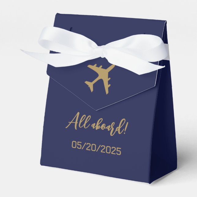 Calligraphy Blue And Gold Boarding Pass Wedding Favor Box (Front Side)