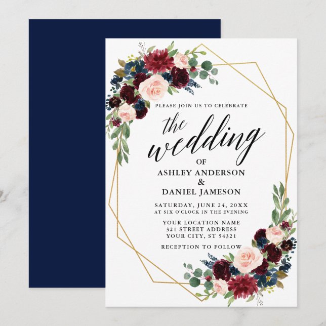 Calligraphy Blue Burgundy Geometric Gold Wedding Invitation (Front/Back)