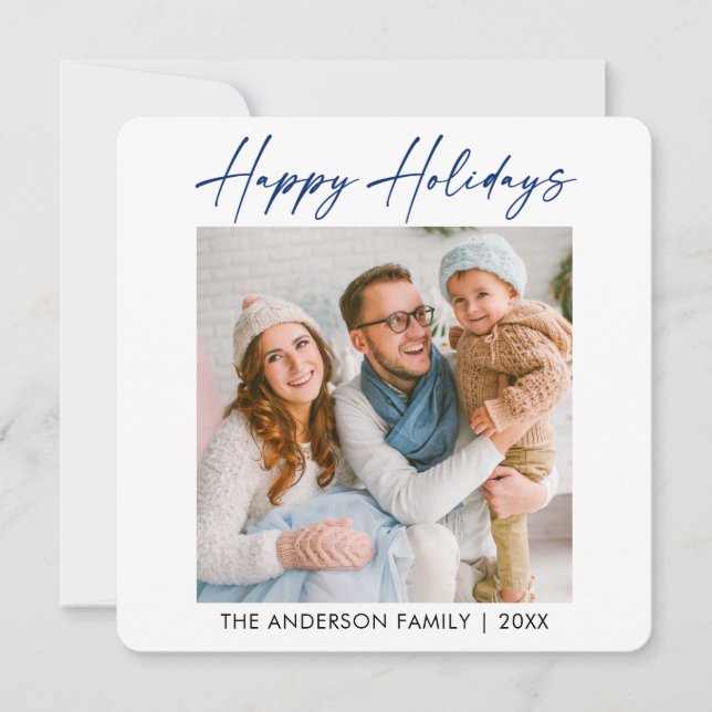 Calligraphy Blue Ink Pen Photo Minimalist Holiday Card (Front)