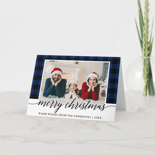 Calligraphy Blue Plaid Family Photo Christmas Fold Holiday Card (Front)