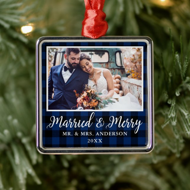 Calligraphy Blue Plaid Married and Merry Metal Ornament (Tree)