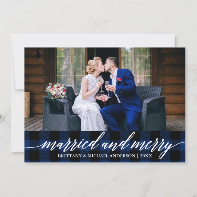 Calligraphy Blue Plaid Married and Merry Wedding Holiday Card (Front)