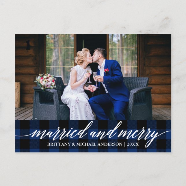 Calligraphy Blue Plaid Married and Merry Wedding Postcard (Front)