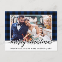 Calligraphy Blue Plaid Wedding Photo Christmas