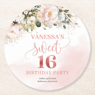 Calligraphy  blush pink roses sage 16th birthday  round paper coaster