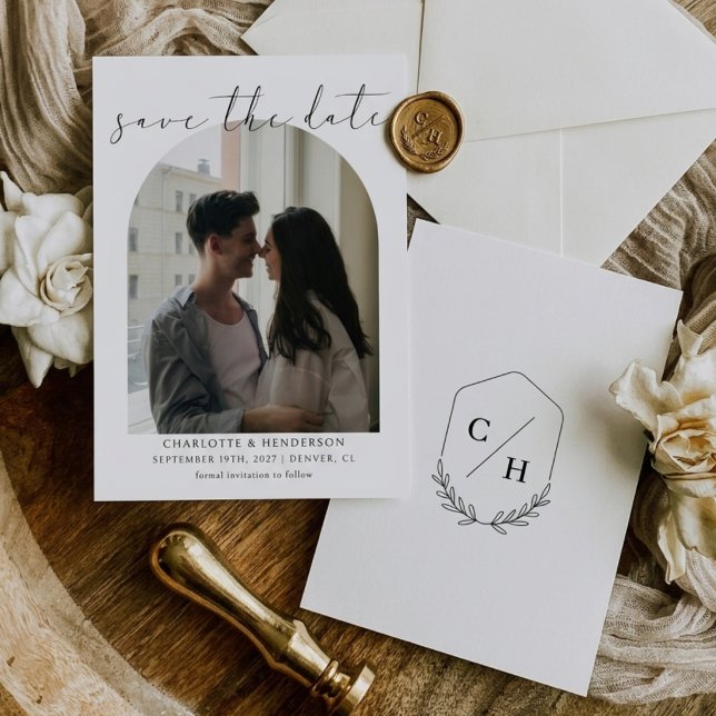 Calligraphy Boho Arch Photo Wedding Monogram Save The Date (Creator Uploaded)