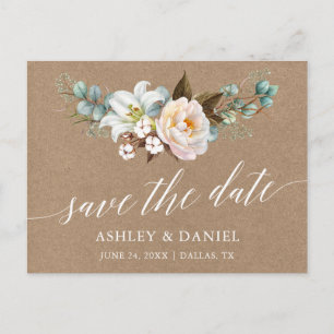 Calligraphy Botanical Floral Kraft Save The Date Postcard