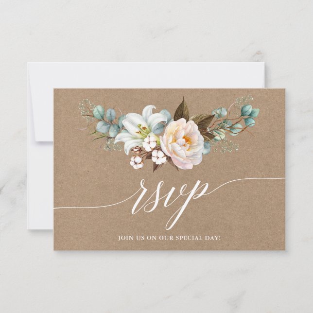 Calligraphy Botanical Floral Wedding Kraft RSVP (Front)