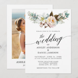 Calligraphy Botanical Floral Wedding Photo Back Invitation