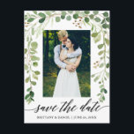 Calligraphy Botanical Green Save The Date Photo Announcement Postcard<br><div class="desc">Modern Calligraphy Script,  Watercolor Botanical Green Eucalyptus Leaves ,  Save The Date Engagement Announcement Couple Photo Postcard</div>
