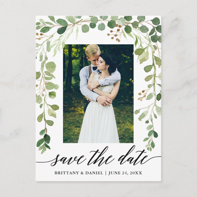 Calligraphy Botanical Green Save The Date Photo Announcement Postcard (Front)
