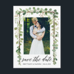 Calligraphy Botanical Save The Date Wood Frame Announcement Postcard<br><div class="desc">Modern Calligraphy Script,  Watercolor Botanical Green Eucalyptus Leaves ,  Wood Frame,  Save The Date Engagement Announcement Couple Photo Postcard</div>