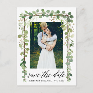 Calligraphy Botanical Save The Date Wood Frame Announcement Postcard