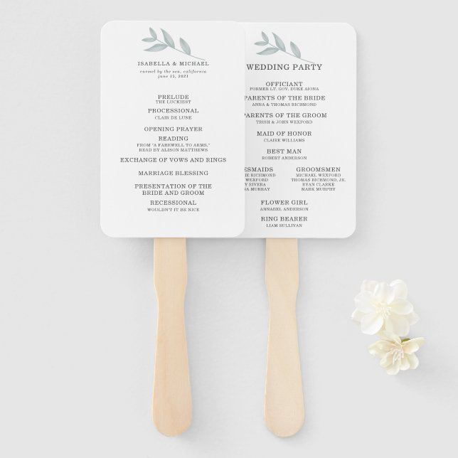 Calligraphy Botanical Wedding Program Hand Fan (Front and Back)
