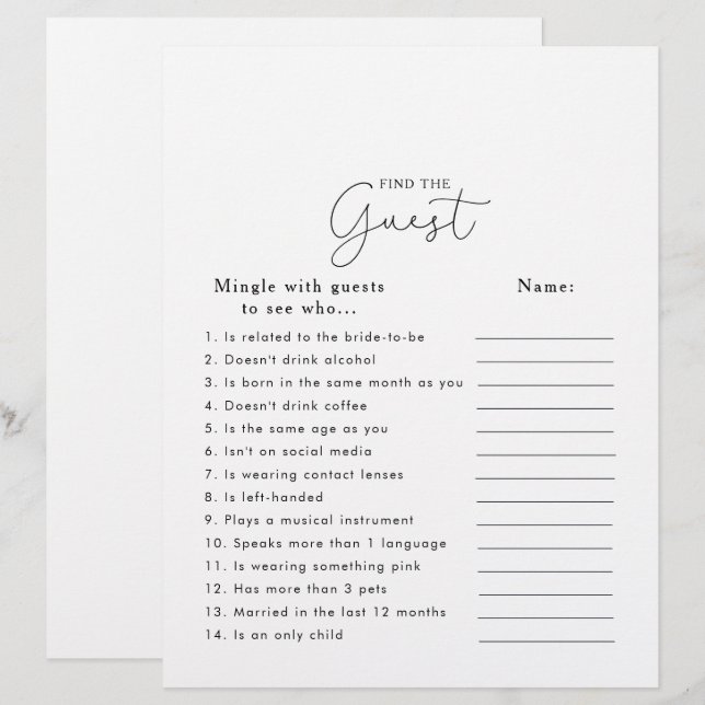 Calligraphy Bridal Shower Find the Guest Game (Front/Back)