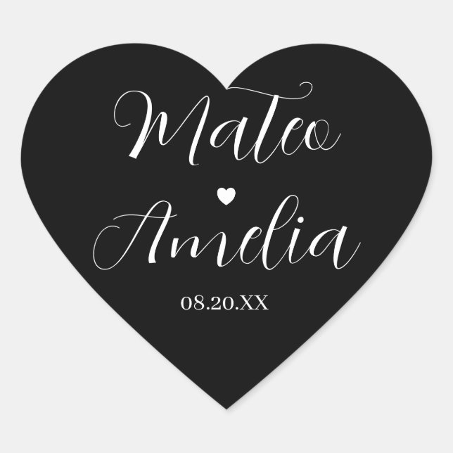 Calligraphy Bride and Groom Names on Heart Sticker (Front)