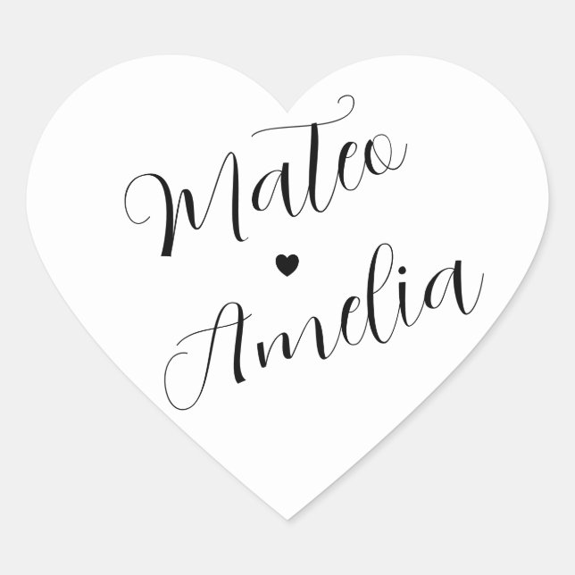 Calligraphy Bride and Groom Names on Heart Sticker (Front)
